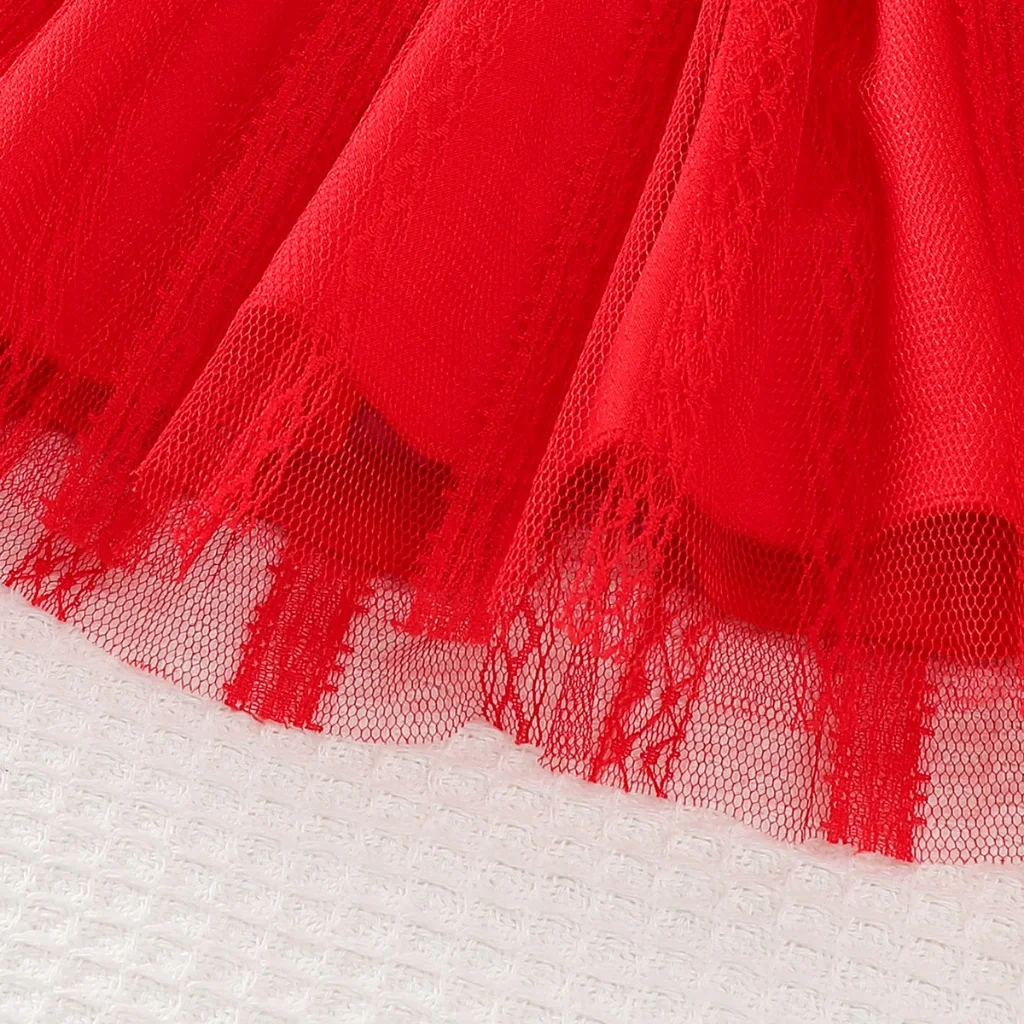 Vestido navideño rojo con encaje blanco y manga larga para niña - imagen 4