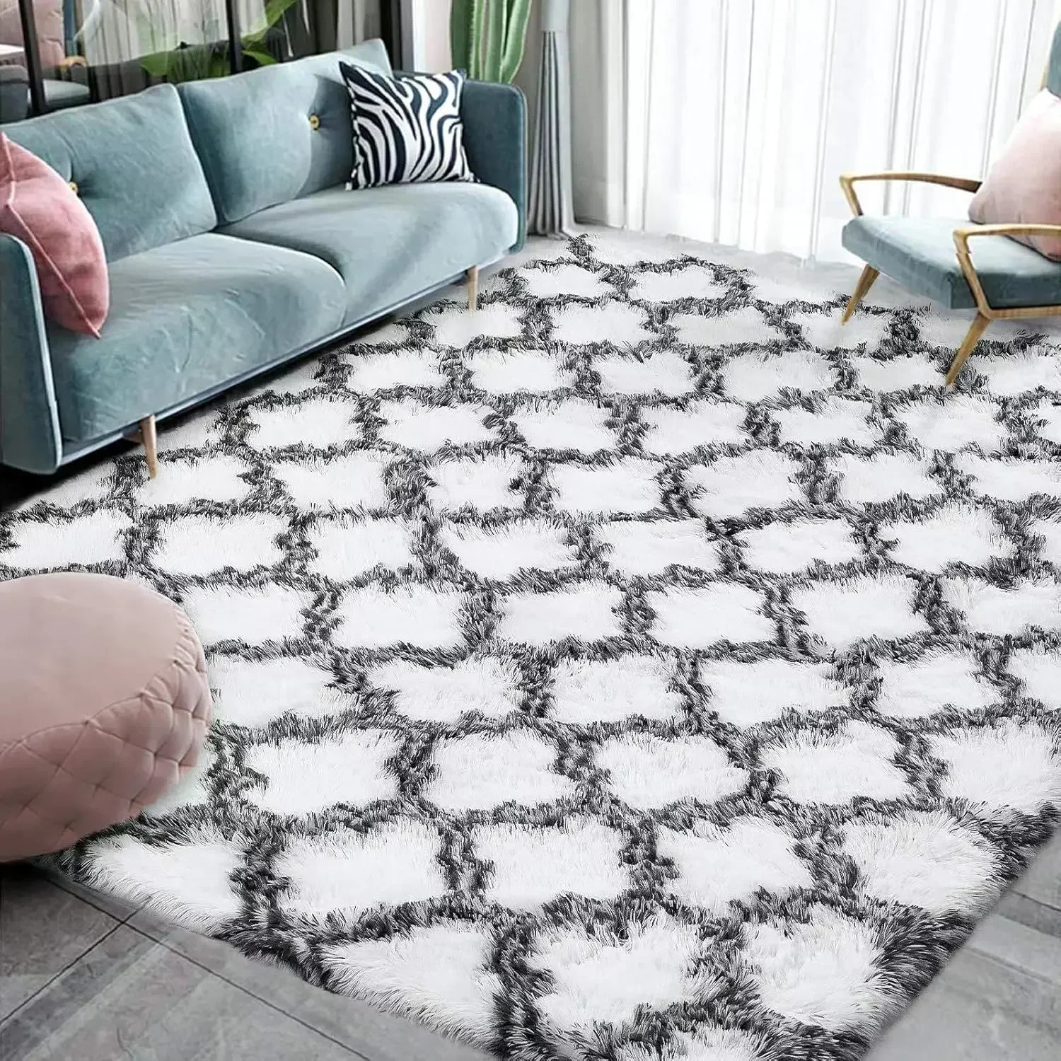 Alfombra felpa esponjosa cuadros geométricos para bebé