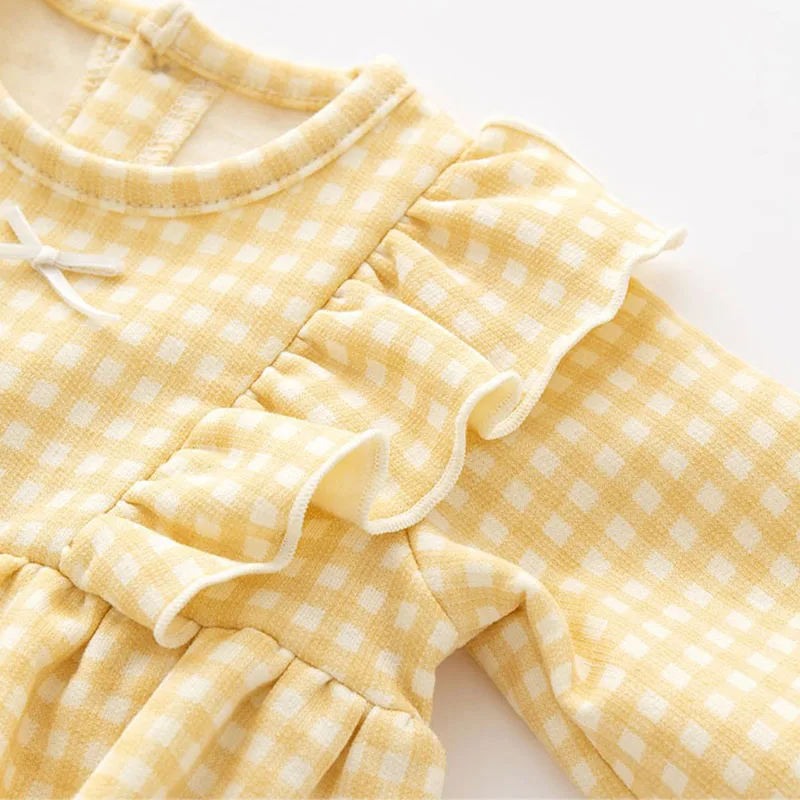 Mono bebé de cuadros algodón con lazo y gorrito para niña