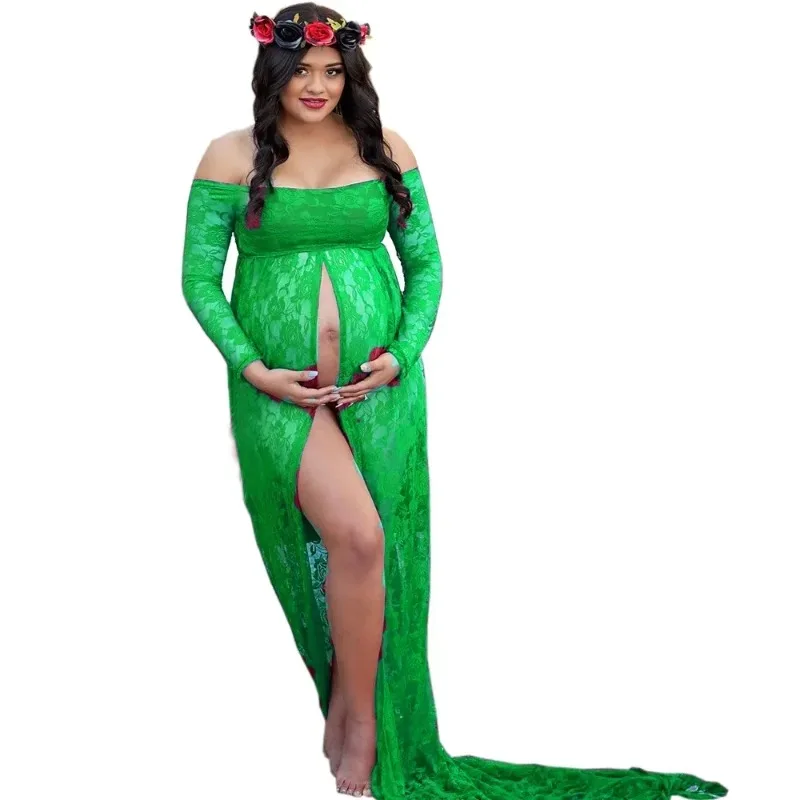 Vestido de embarazo largo con encaje y manga larga para fotos - imagen 4
