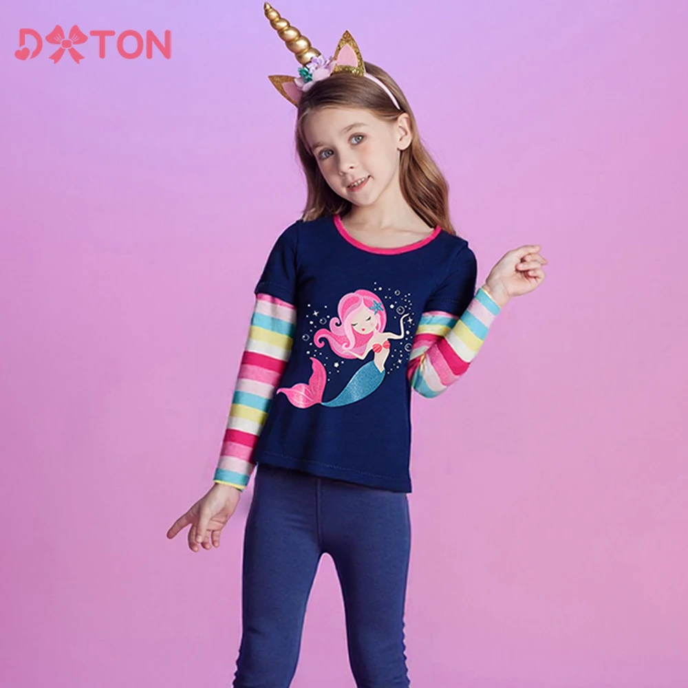 DXTON Camiseta manga larga para niña con rayas y estampado sirena - imagen 3