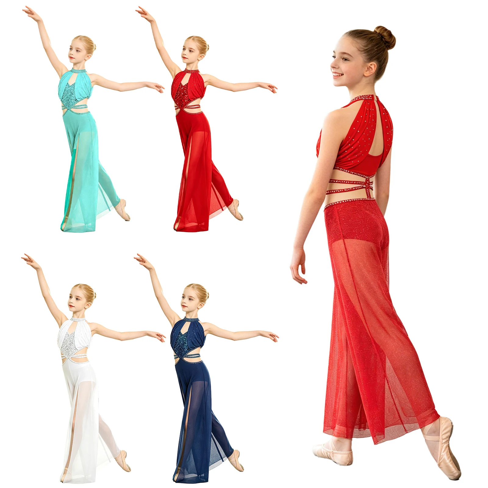 Maillot de ballet moderno con pedrería y pantalón ancho malla - imagen 3