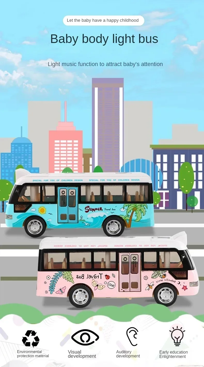 Autobús escolar rosa mostrando luces y detalles