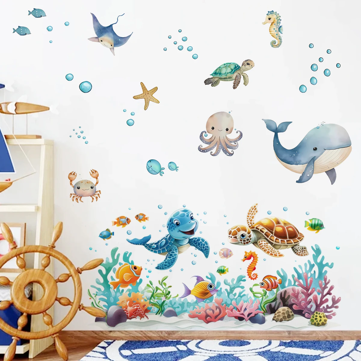Pegatina mural acuarela de animales marinos con coral y tortuga