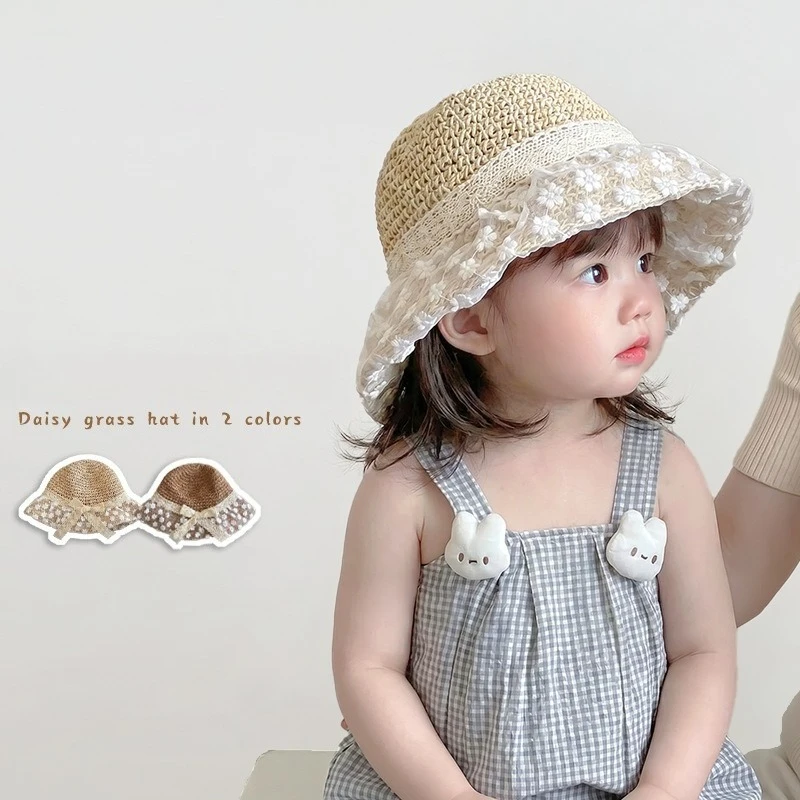 Sombrero de sol de paja con lazo y encaje floral para niña - imagen 3