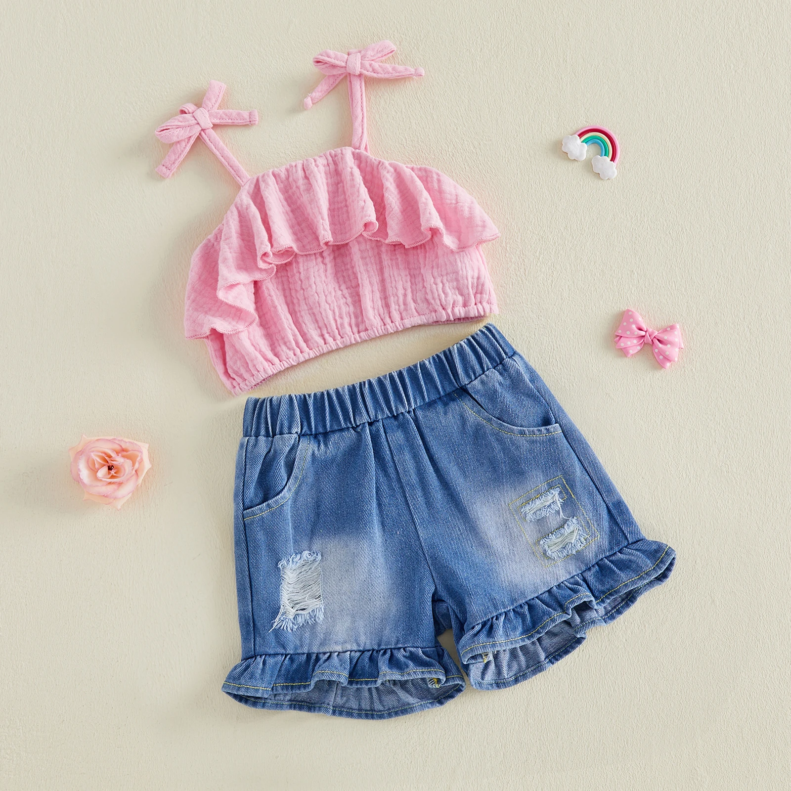 Conjunto de verano niña: top sin mangas con lazada y shorts denim - imagen 3