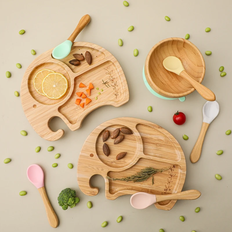 Vajilla de bambú para bebé con plato succión tazón cubiertos - imagen 3