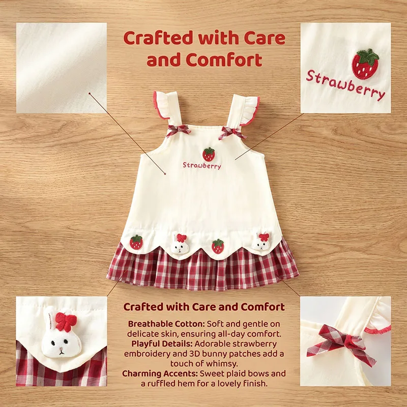 Vestido infantil de verano con estampado de conejitos y fresas