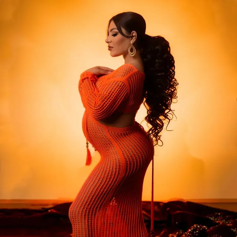 Vestido largo naranja de maternidad para sesiones fotográficas - imagen 5