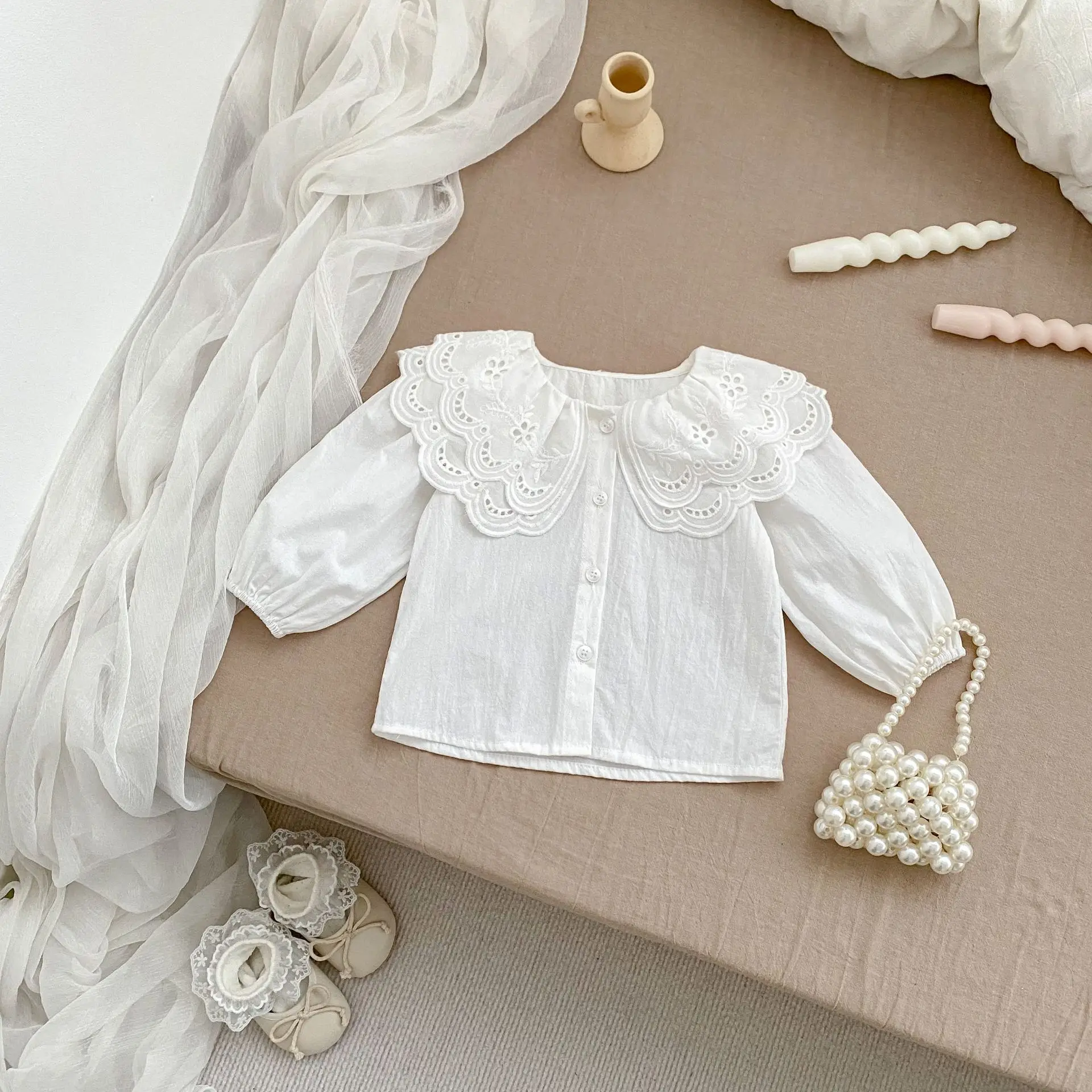 Milangel Blusa de encaje doble capa para niña pequeña - imagen 5