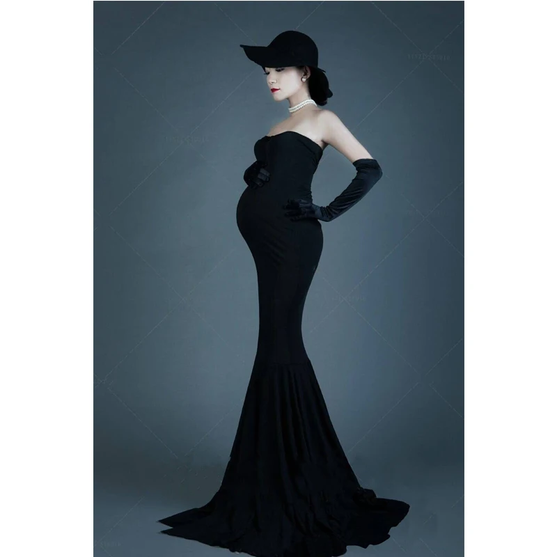Vestido de maternidad negro un hombro sin mangas con cola para fotos - imagen 2