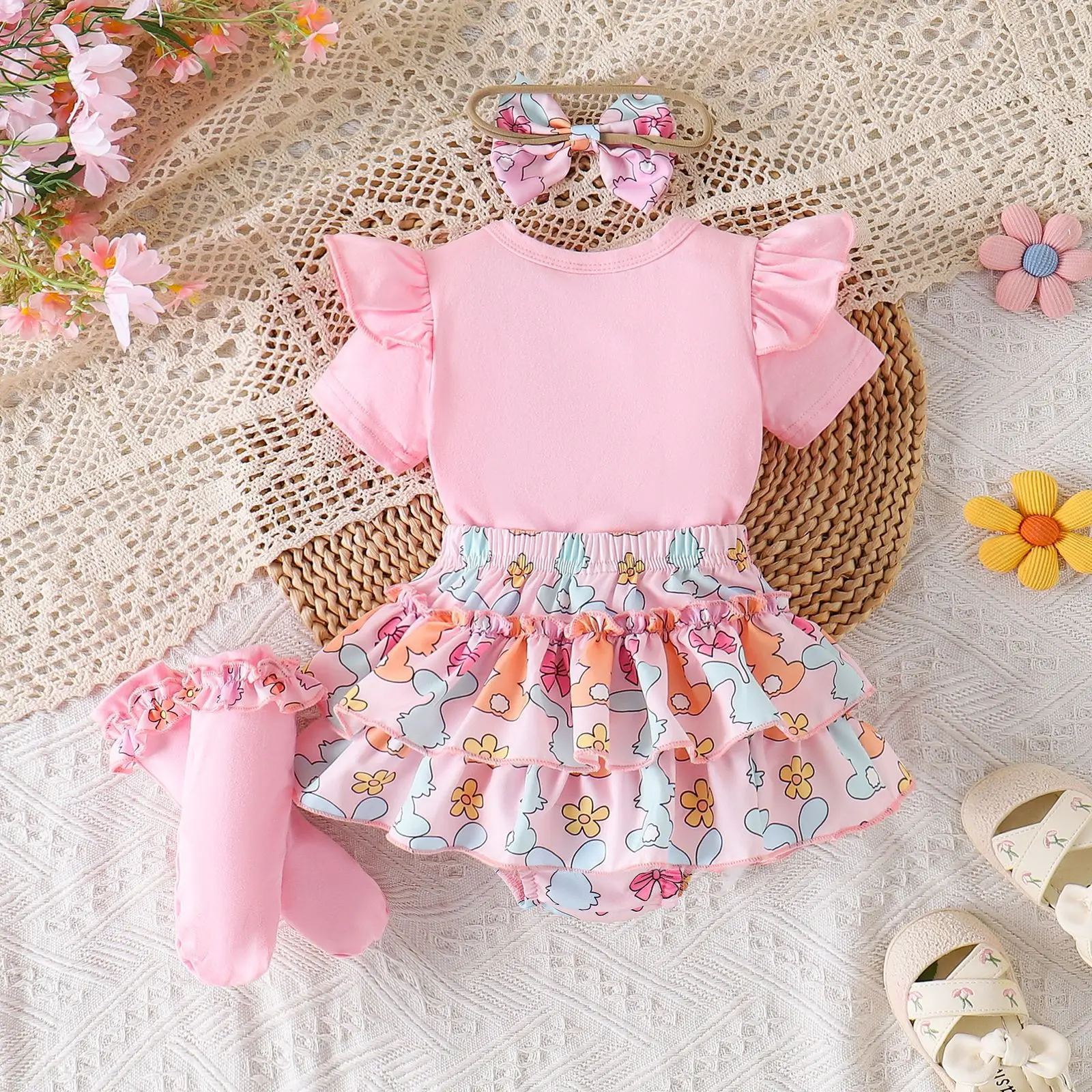 Conjunto de Pascua para bebé niña: pelele estampado con diadema - imagen 3