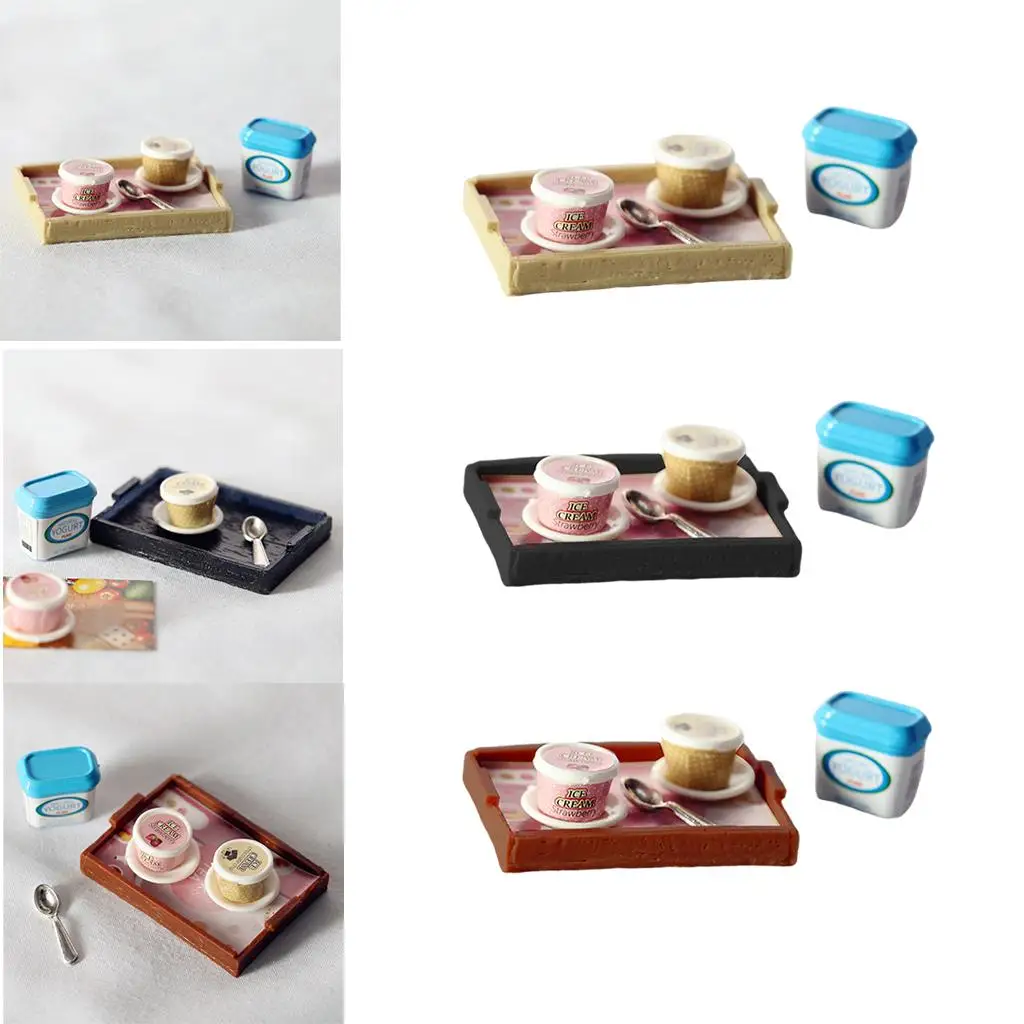Bandeja miniatura con yogur y helado para casa de muñecas 1/12