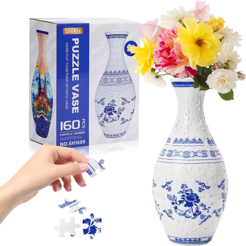 Puzzle 3D de jarrón estilo porcelana azul y blanca manualidades