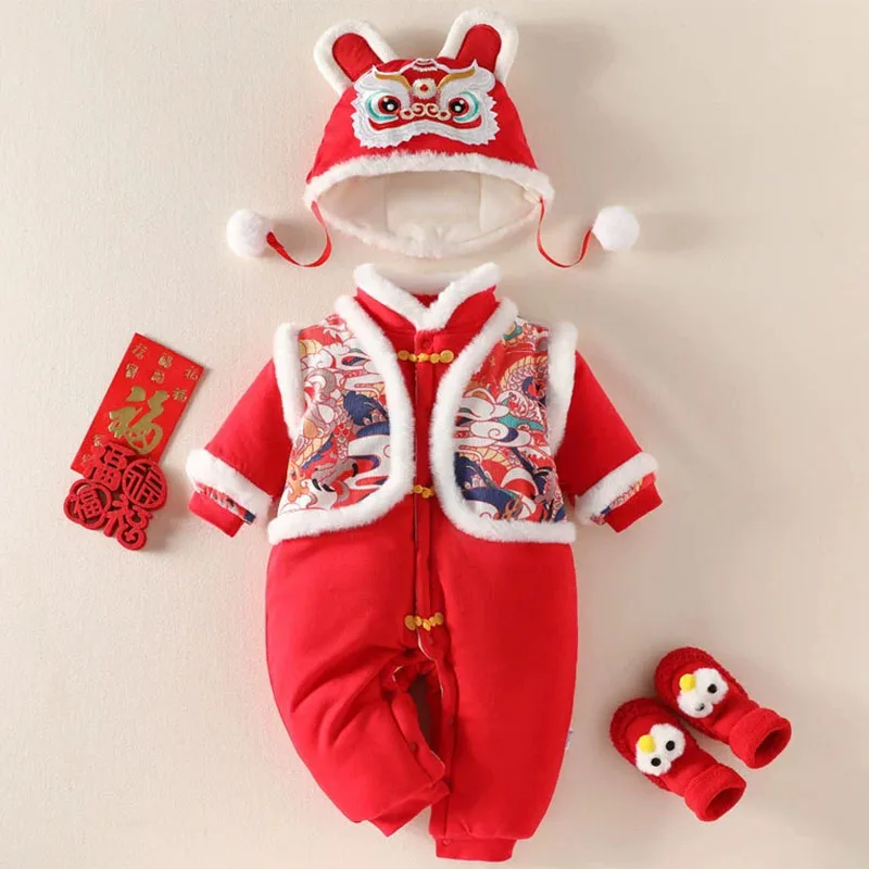 Pelele de invierno grueso rojo con sombrero y dibujos estilo chino - imagen 2