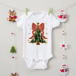 Pelele navideño para bebé con lazo de árbol – Manga corta y cómodo