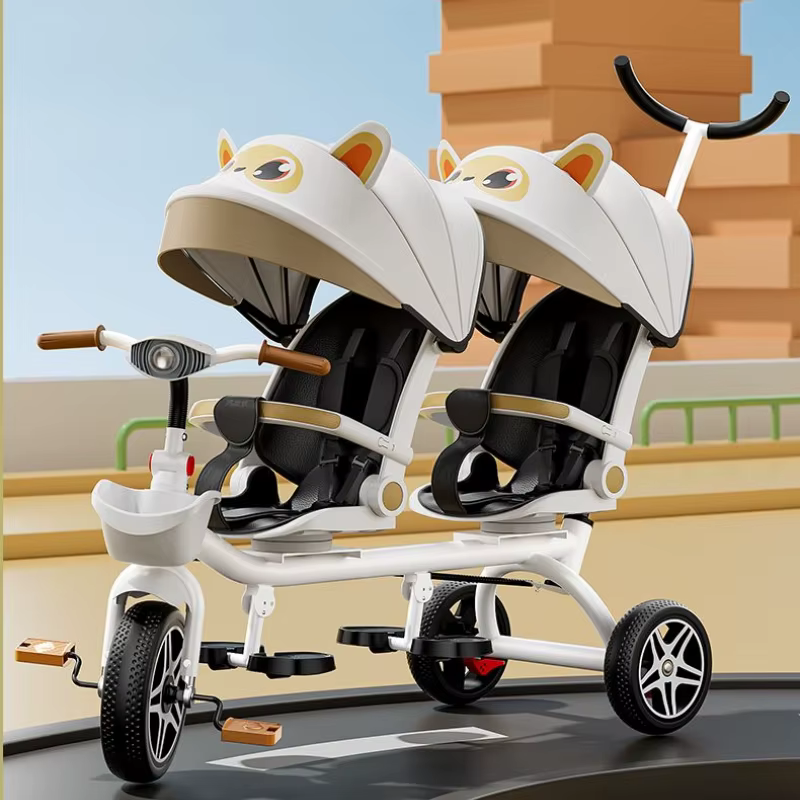 Triciclo bebé plegable doble multifuncional con asiento giratorio - imagen 4