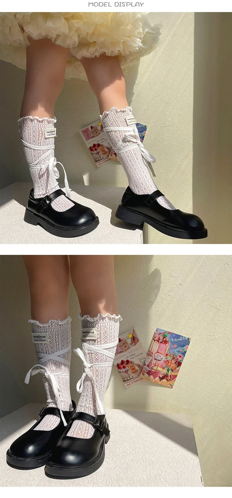 Calcetines infantiles de encaje con lazos de malla blanca