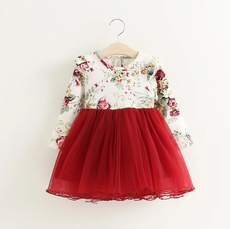 Vestido tutú navideño floral niña manga larga con volantes