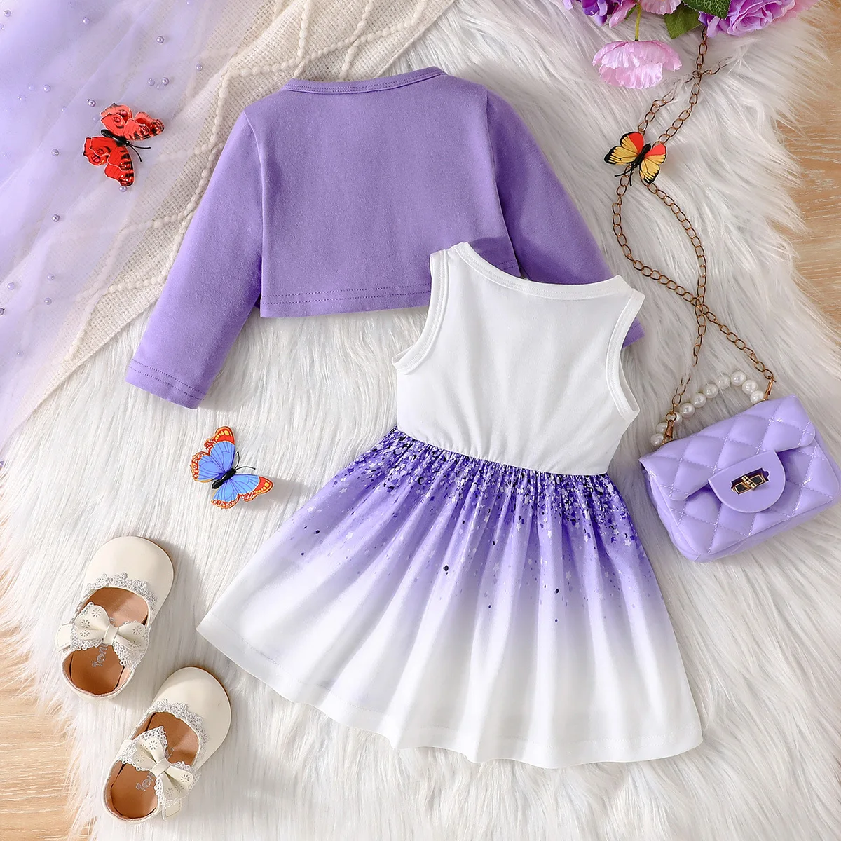 Conjunto bebé niña manga larga de algodón con vestido mariposa y lazo - imagen 3
