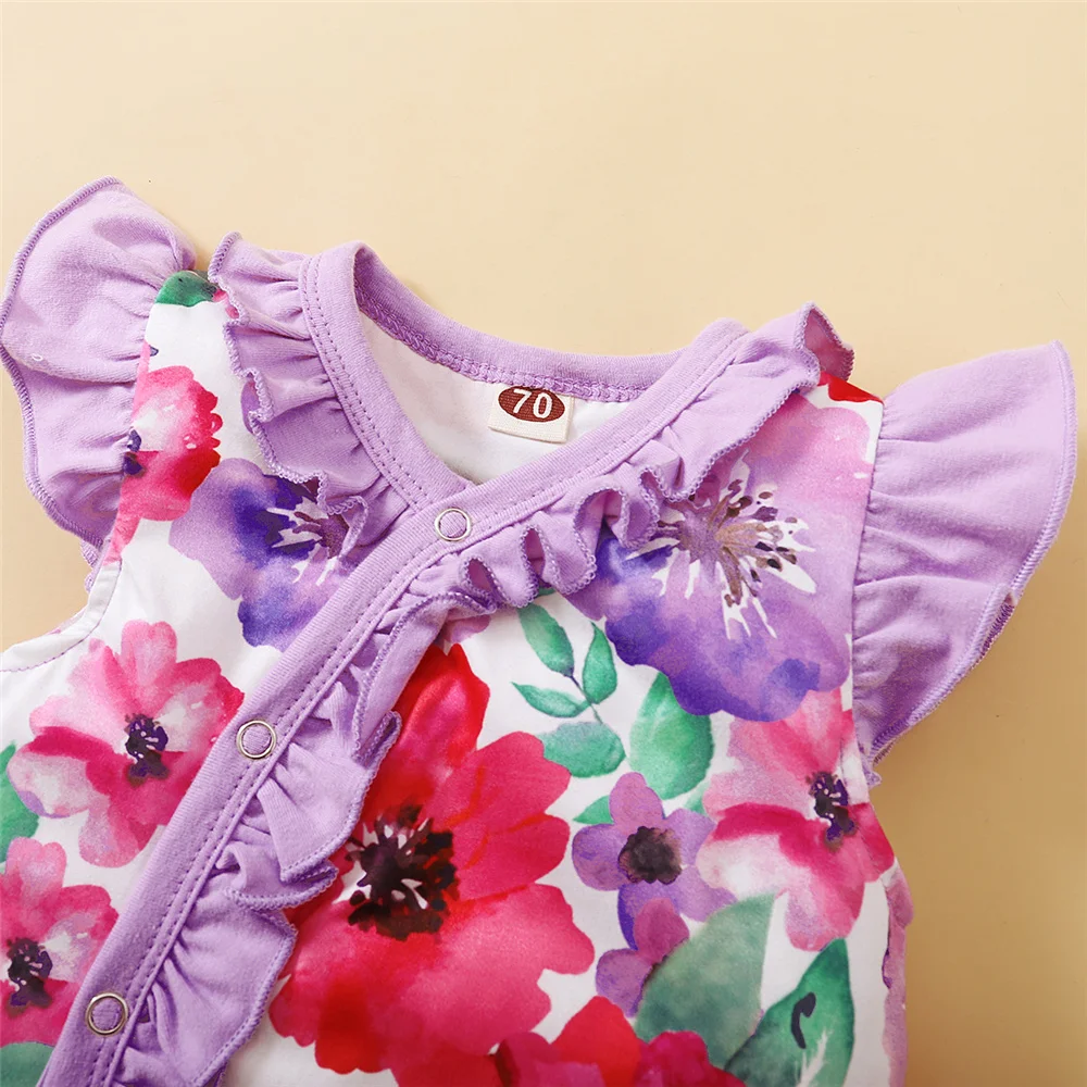 Pelele de bebé niña con volante floral y diadema para verano - imagen 3