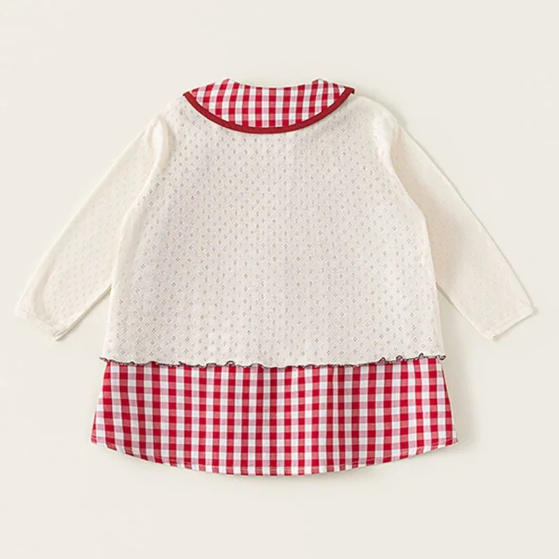Conjunto niña cárdigan de punto a cuadros con dibujos y vestido - imagen 3