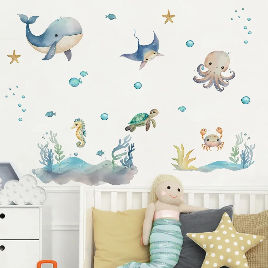 Vinilo pared marino con animales acuáticos: ballena y tortuga - imagen 3