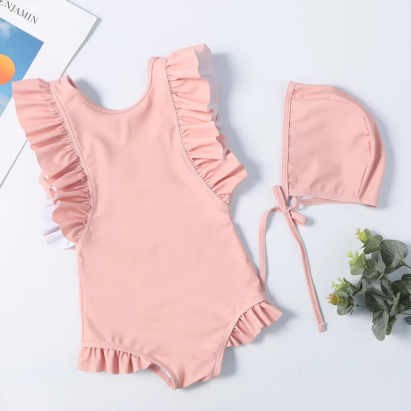 Traje de baño una pieza para niña con volantes y gorro