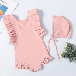 Traje de baño una pieza para niña con volantes y gorro