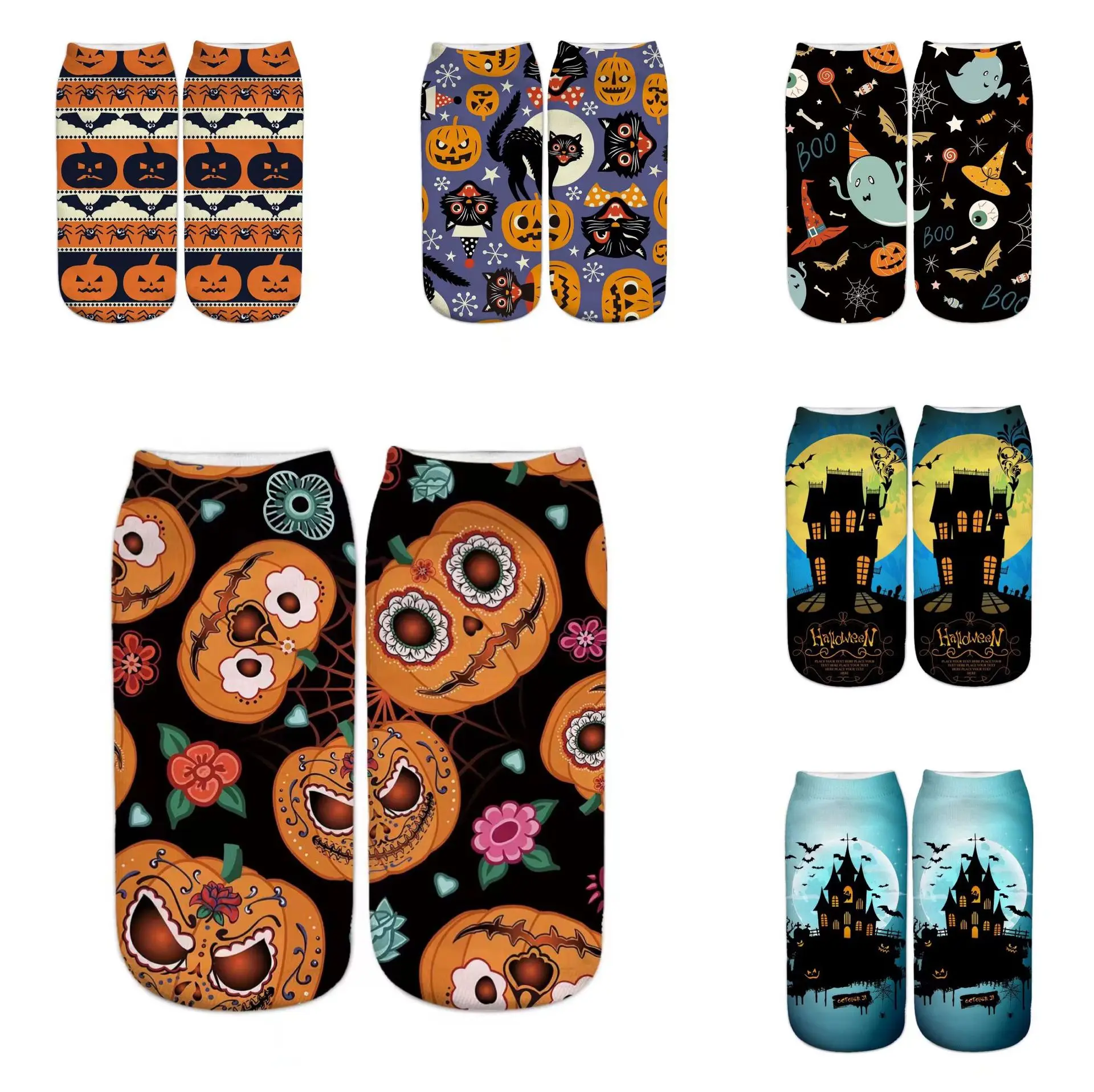 Calcetines tobilleros cortos Halloween castillo calabaza