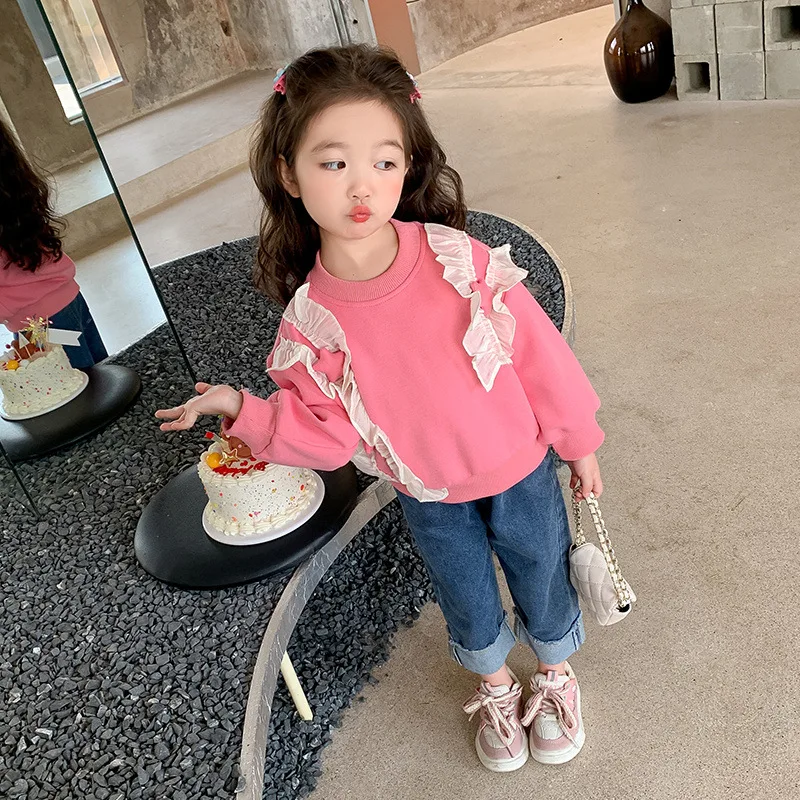 Sudadera de primavera para niña con cuello redondo y encaje fino - imagen 3