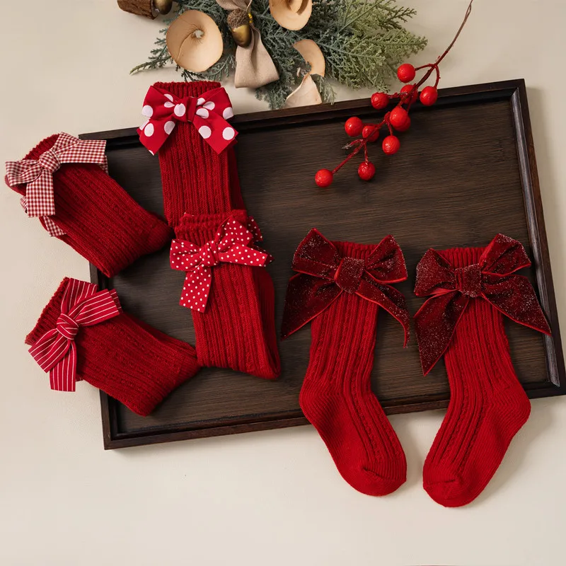 Calcetines navideños con lazo rojo para niñas y calentadores 0-5 años - imagen 4