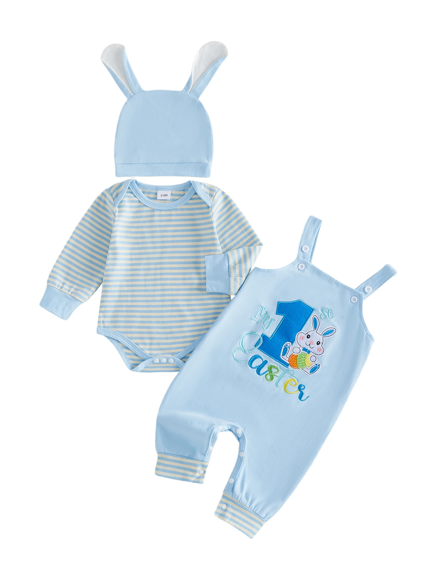 Bebé con el conjunto de Pascua en tonos azules