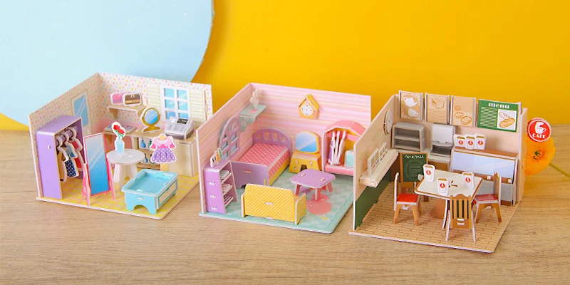 Vista frontal de la casa 3D de cartón montada