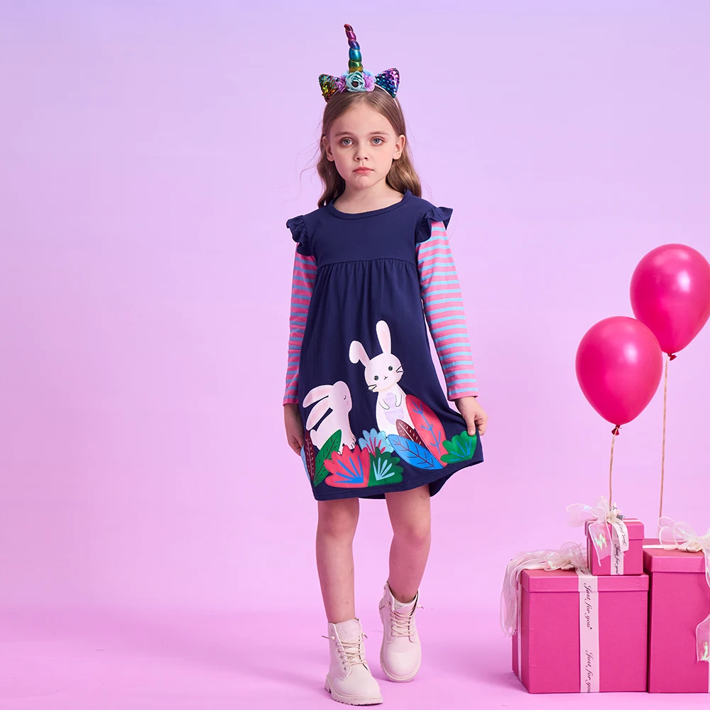 DXTON vestido de rayas algodón manga larga conejo estampado invierno