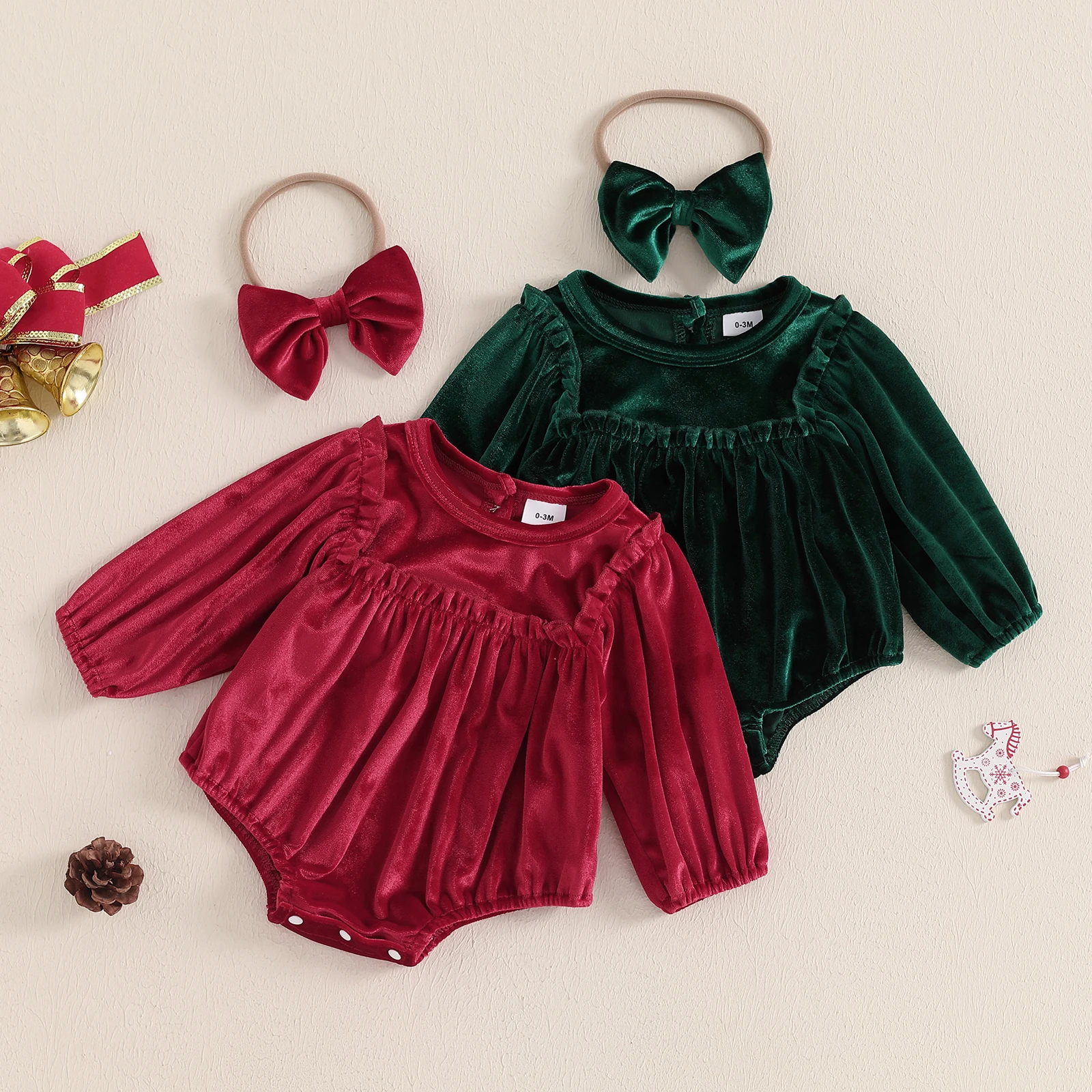 BeQeuewll Pelele de Navidad en terciopelo para niñas con diadema