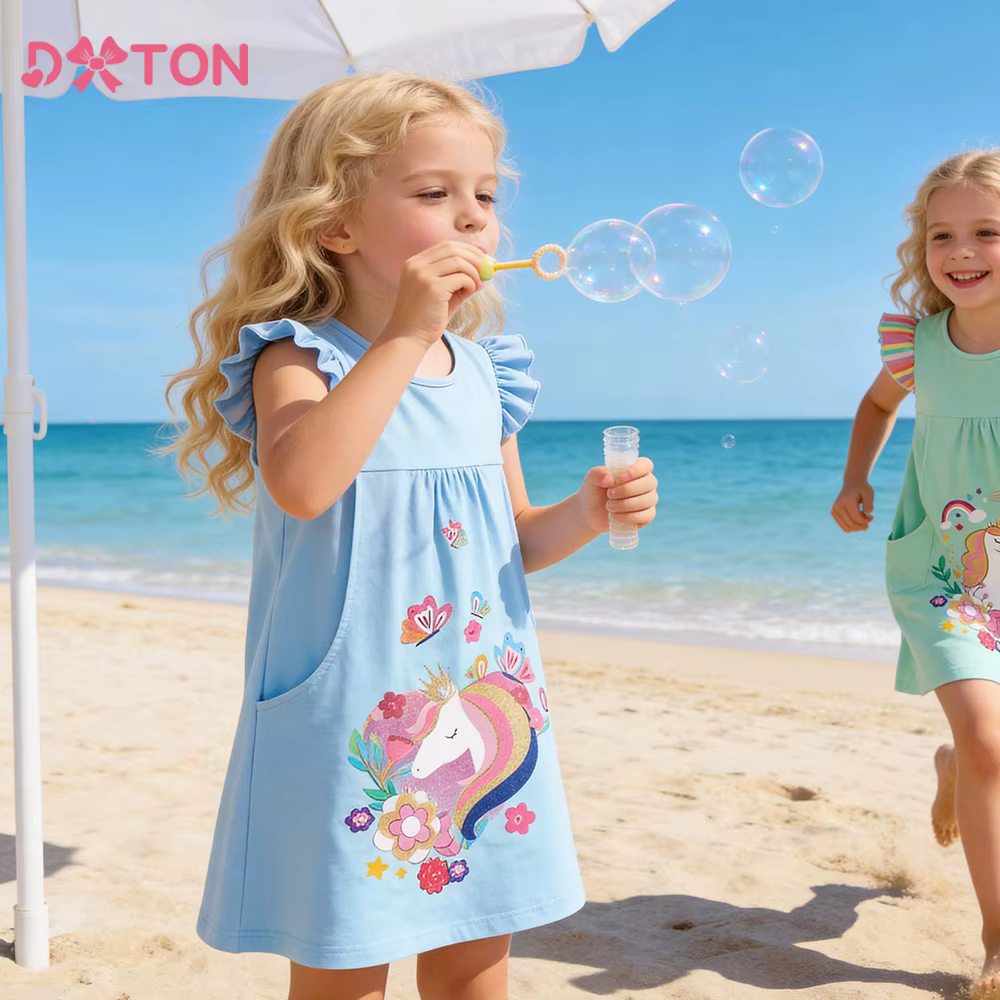 DXTON Vestido de niña sin mangas con bolsillo y mariposas – Verano