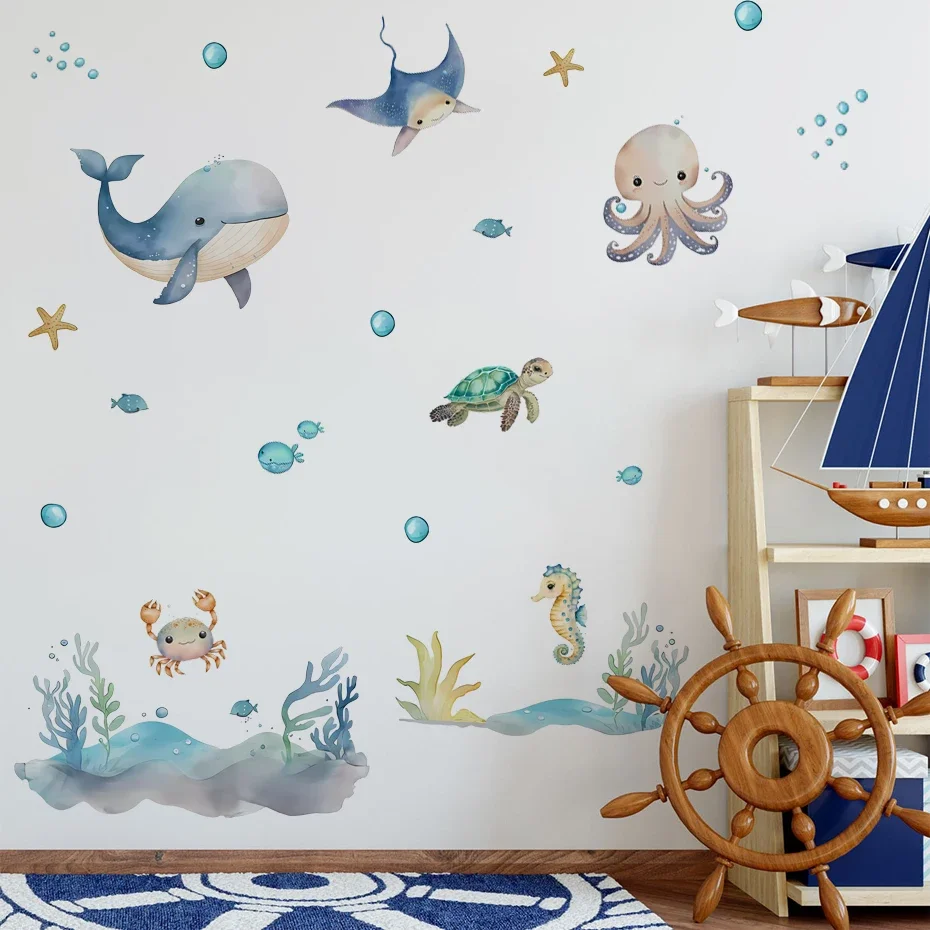 Vinilo pared marino con animales acuáticos: ballena y tortuga - imagen 3