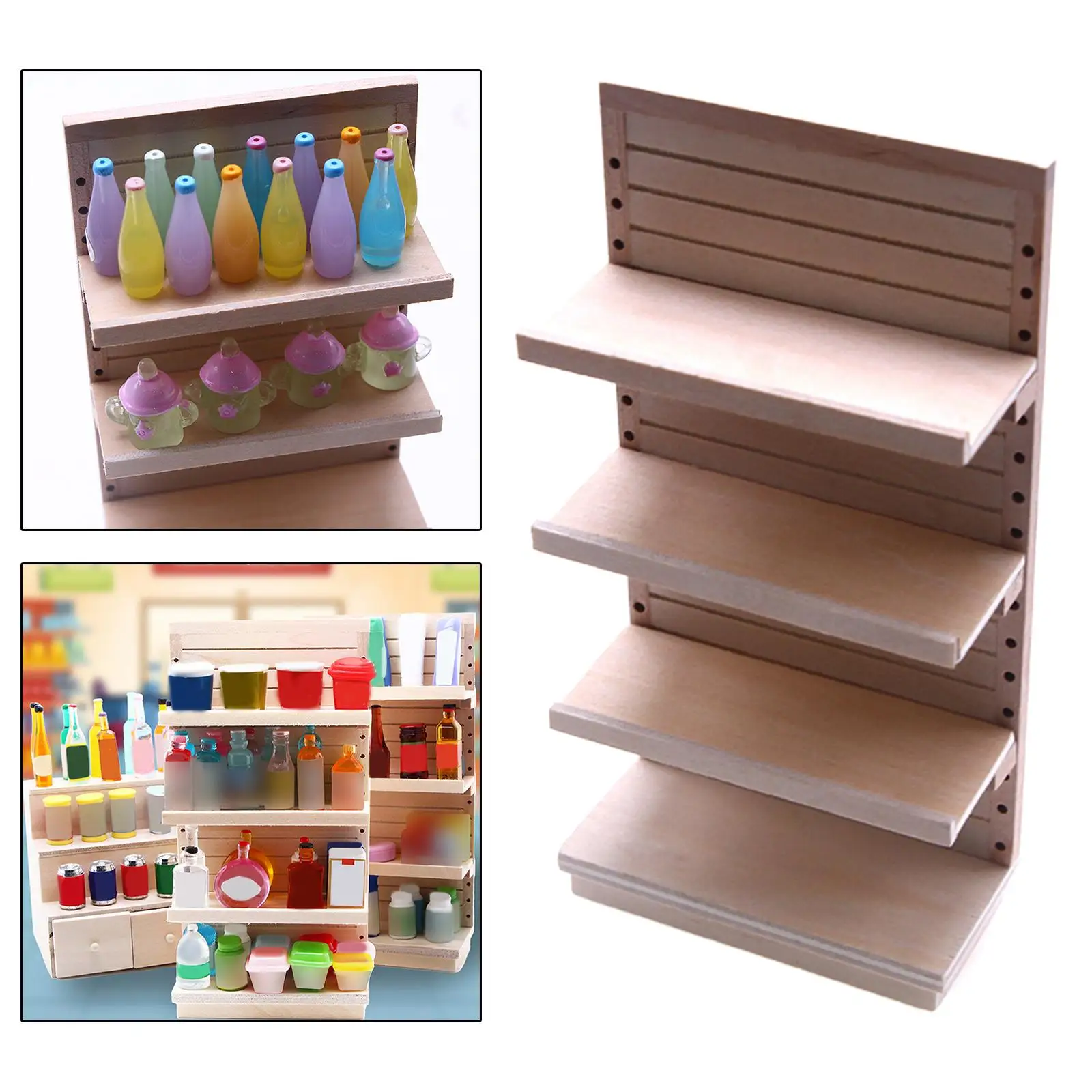Estantería en madera para casa de muñecas con mini vasos y latas - imagen 5