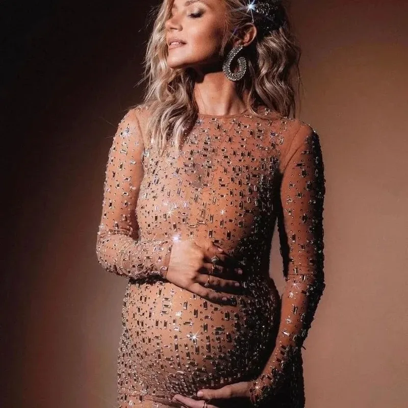 Diseño sexy de malla elástica con pedrería para fotos de embarazada