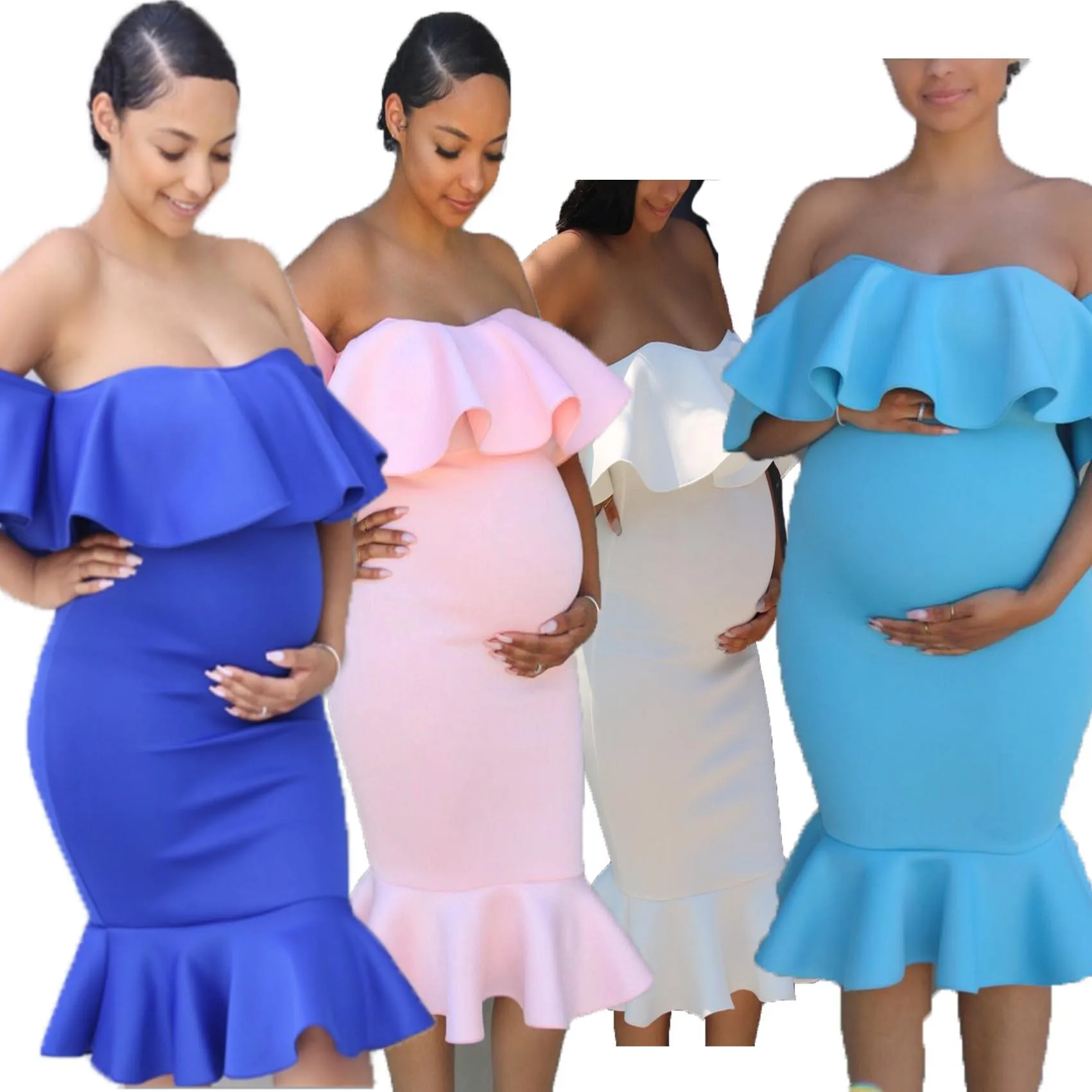 Vestido de maternidad largo elástico con cuello de volantes para fotos - imagen 2
