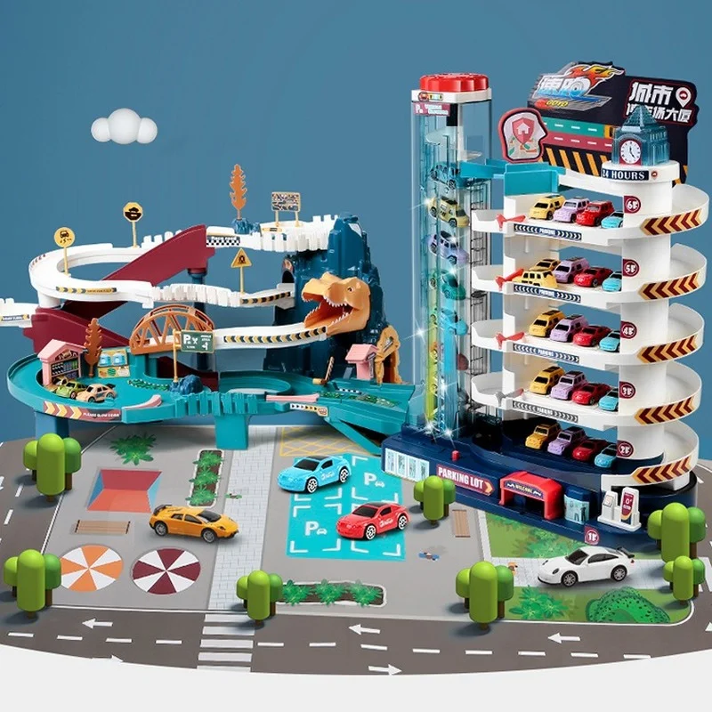 Tren eléctrico con edificio de dinosaurios para niños