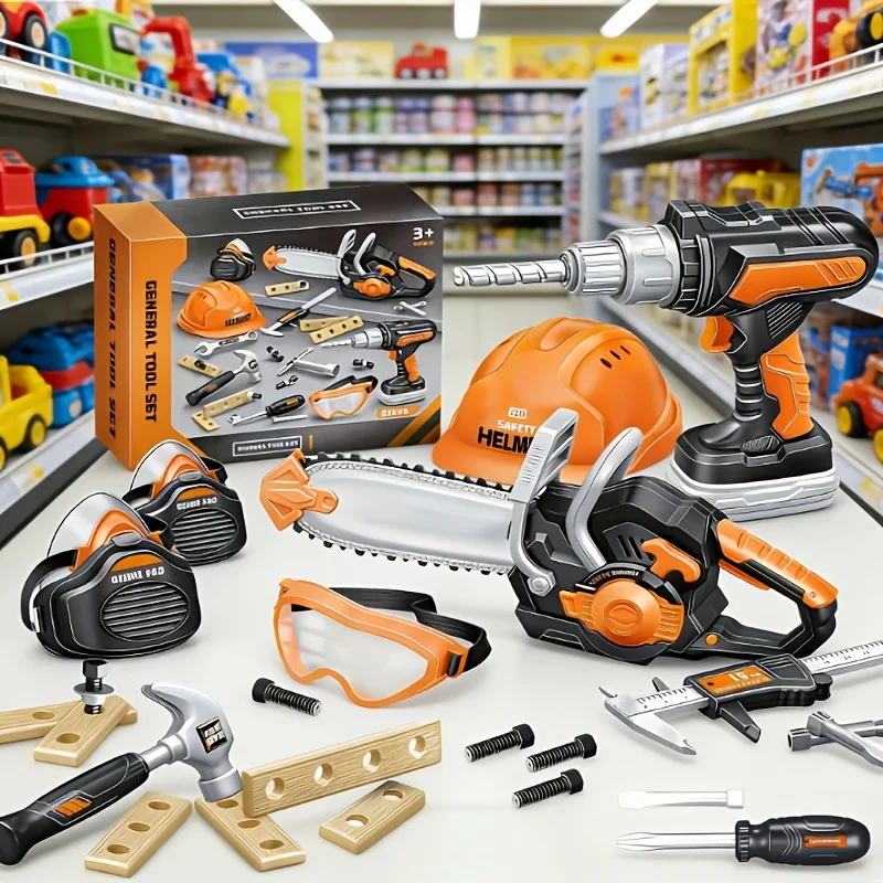 Juego de herramientas infantiles con taladro y casco de obra - imagen 4