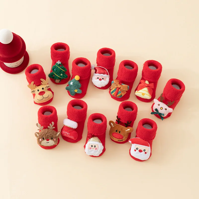 Calcetines bebé punto cálidos Papá Noel, muñeco de nieve y ciervo