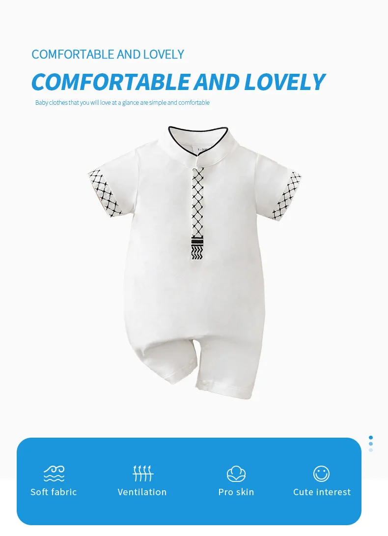 Mono islámico de bebé recién nacido en algodón blanco, estilo étnico tradicional para Ramadán y verano