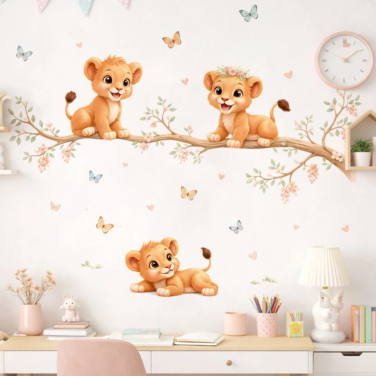 Pegatinas de pared león acuarela con ramas para habitación infantil - imagen 2