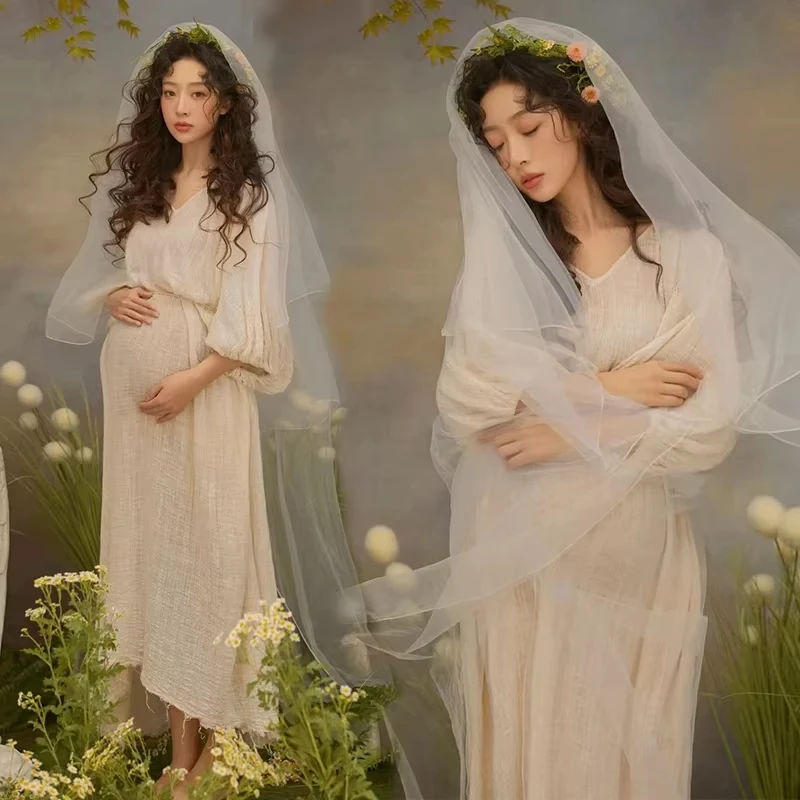 Vestido de maternidad de cáñamo para sesión de fotos con tocado - imagen 5