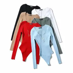 Camiseta de manga larga lisa entallada cuello V con botones