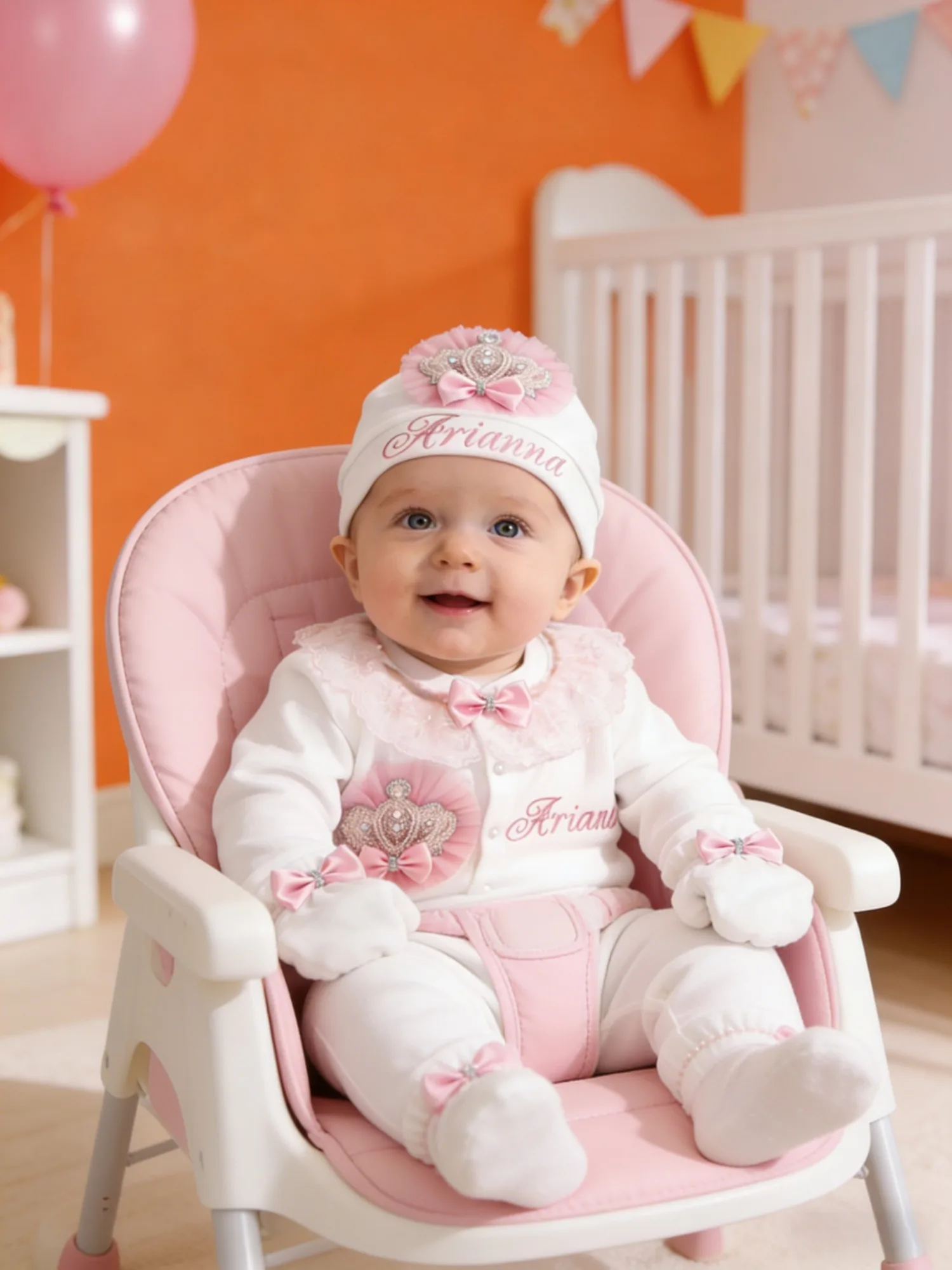 Conjunto de corona rosa bebé niña bordada con nombre para bautizo - imagen 4