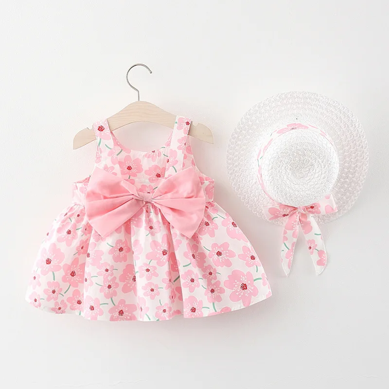 Vestido de verano floral con lazo y sombrero para niña - imagen 3